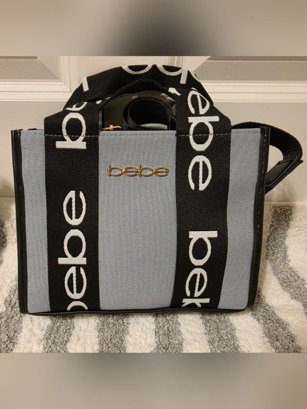 NWT Bebe Black and Light Grey Satchel Striped Logo MSRP$99